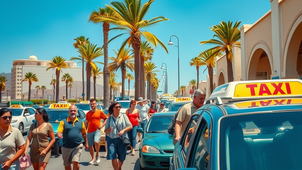 Vibrant taxi stand in Cabo San Lucas, busy with tourists - showcasing safe cabo transportation safety options.