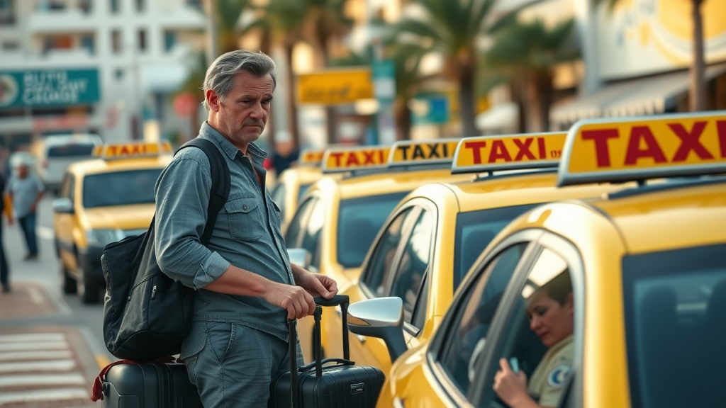 Concerned traveler comparing official and unmarked taxis near Cabo San Lucas tourist zone, illustrating importance of cabo transportation safety.