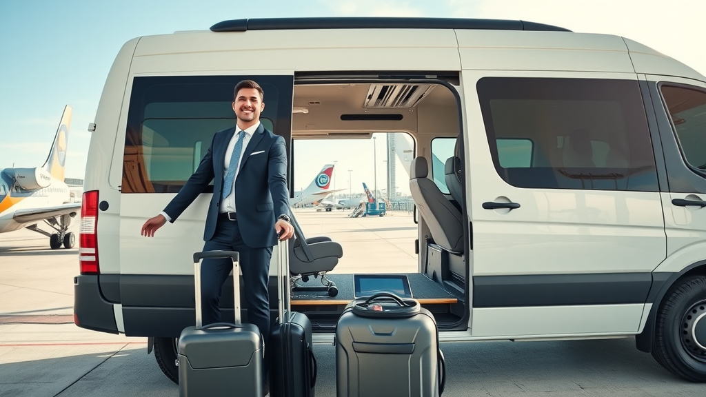 Luxury airport shuttle van at Los Cabos airport with chauffeur assisting travelers, exemplifying cabo transportation safety.