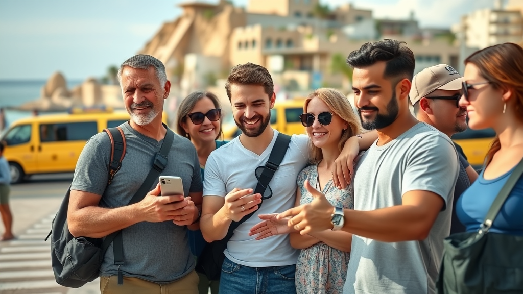 Group of diverse tourists sharing location details on smartphone near Cabo landmark, promoting cabo transportation safety.