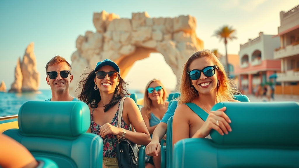 Scenic Cabo San Lucas highlighting safe transit options with tourists boarding taxis and shuttles, demonstrating cabo transportation safety.
