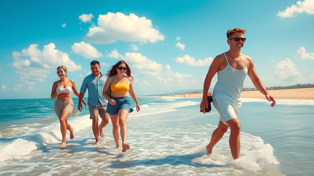 Cabo tourist mistakes sunny morning at Medano Beach with clear sky and tourists enjoying the shore