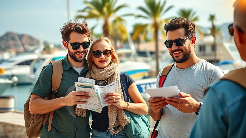 Cabo tourist mistakes travelers preparing for guided tour at marina with guide and tickets