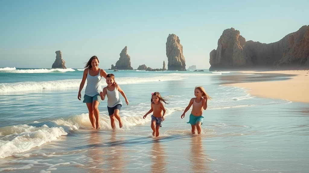 Cabo tourist mistakes family enjoying safe swim at Medano Beach with calm surf and children playing