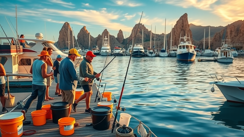 Cabo San Lucas marina sunrise sportfishing excitement, anglers prepping gear in vivid colors with rock formations in background, photorealistic style