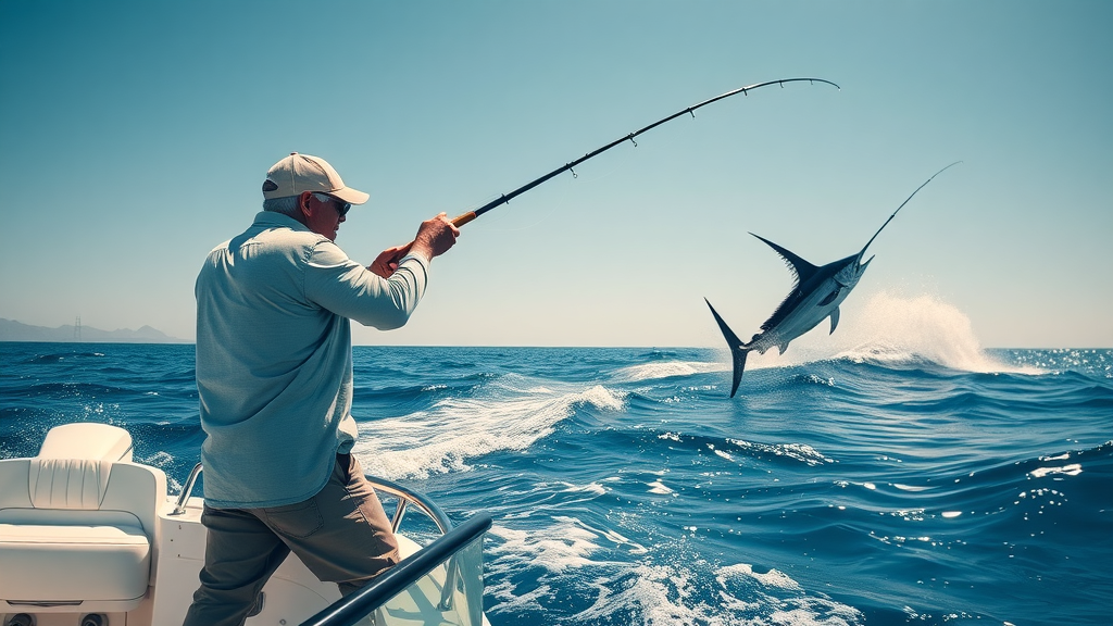 Dramatic Cabo San Lucas open ocean marlin fishing with modern boat and Cabo Arch, photorealistic, vibrant blue scene