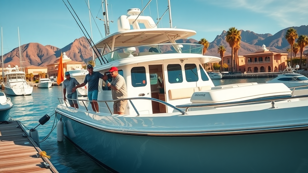 Luxury Cabo sportfishing boat with welcoming crew, modern charter dockside, desert mountains and palm trees, photorealistic