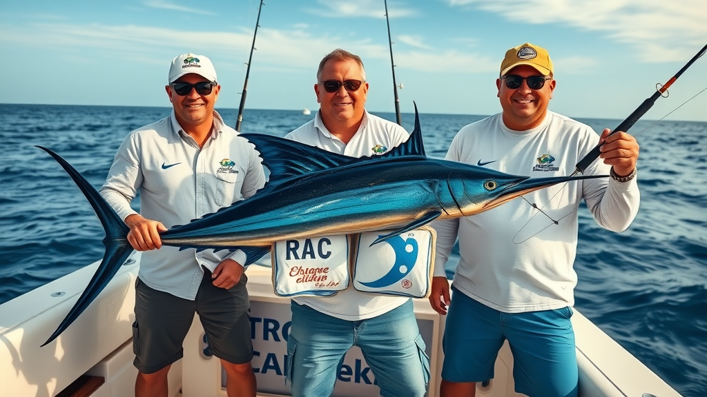Cabo professional sportfishing crew posing with trophy marlin on modern boat, ocean backdrop, photorealistic