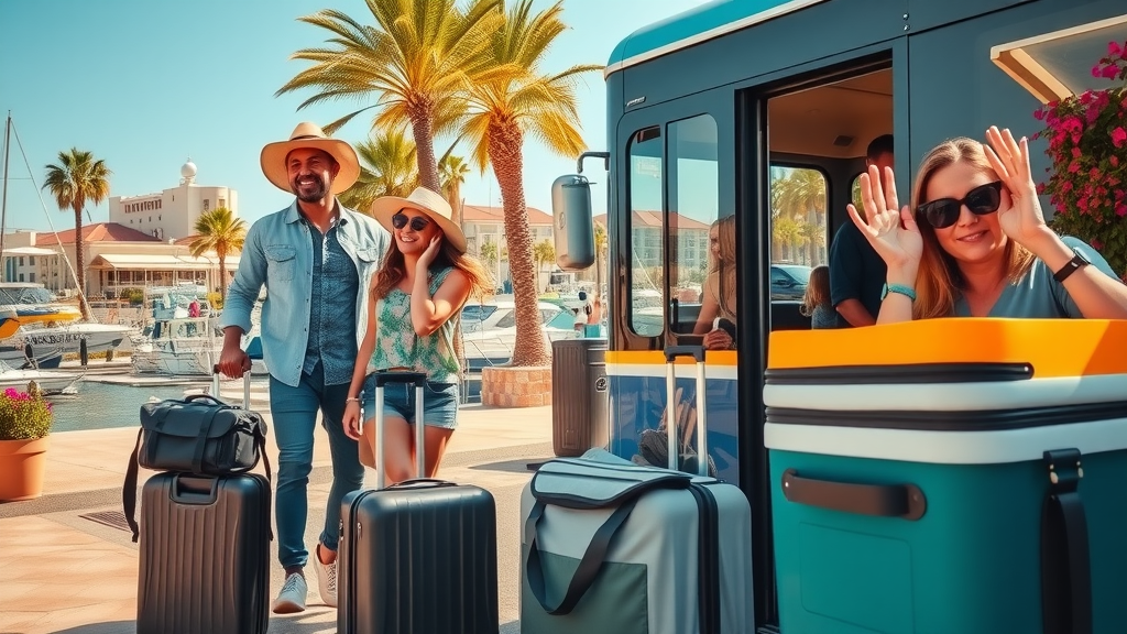 Joyful Cabo travel arrival, vacationers with luggage at marina, fishing boats, resorts, palm-lined, photorealistic