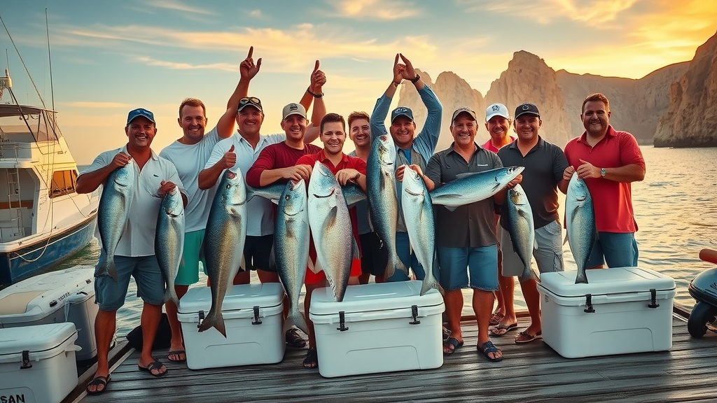 Cabo San Lucas dockside sunset, anglers with assorted fish, celebration groups, photorealistic warmth