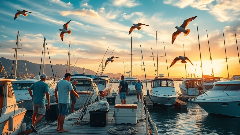Vibrant marina at sunrise showing excitement before the October fishing season, with anglers, gear, boats, and a bustling atmosphere in Cabo.