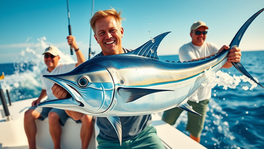 Exhilarated angler with marlin, celebrating the October fishing season on a yacht in Cabo with crew members and ocean backdrop.