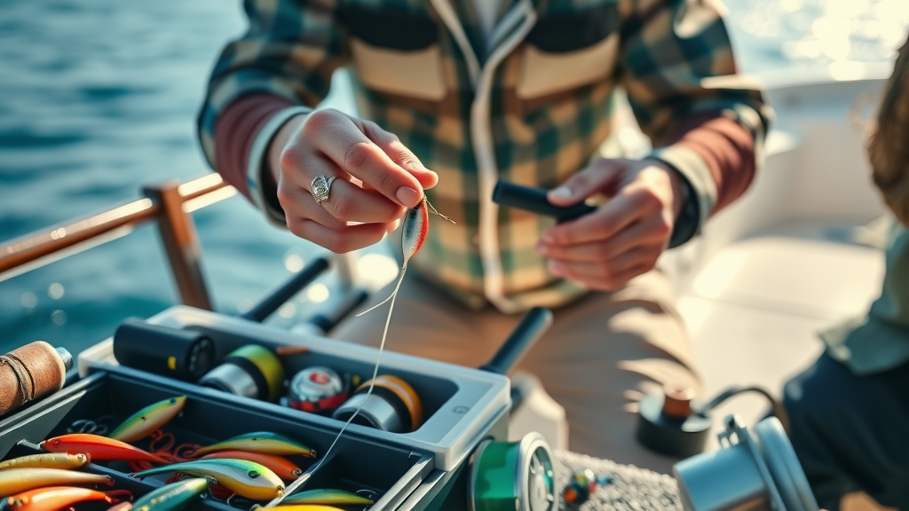 Experienced angler preparing tackle for October fishing season, focusing on gear and lure setup on a Cabo yacht.