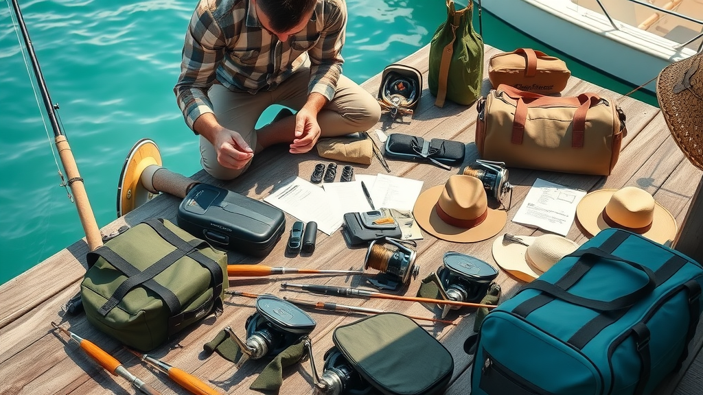 Organized fishing gear preparation for October fishing season, angler arranging rods, reels, and clothing on a Cabo dock.