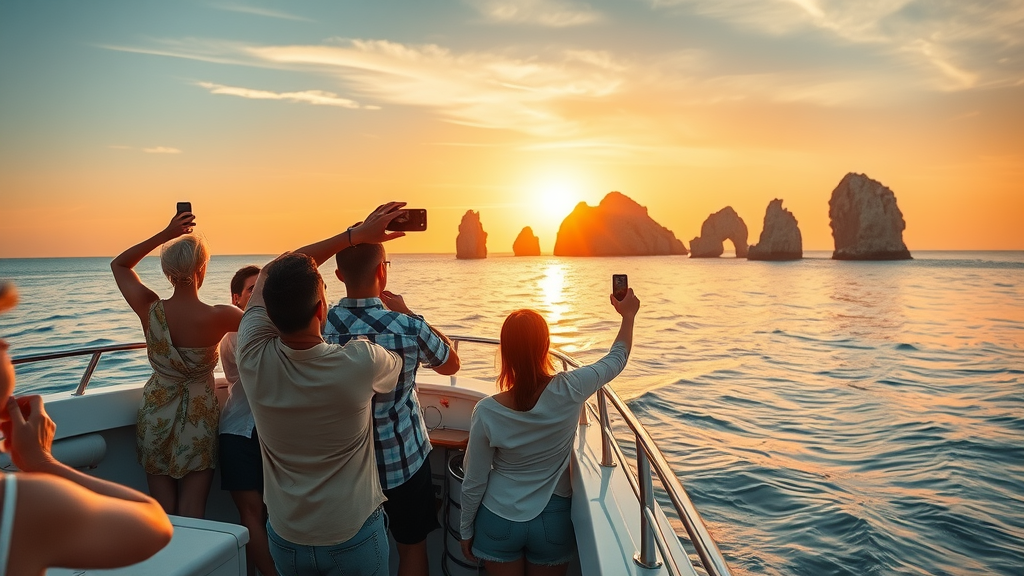 Stunning Cabo San Lucas sunset cruise scene with couples and friends on deck aboard a sleek yacht gliding across calm waters near Land’s End rock formations, illuminated by golden hour light