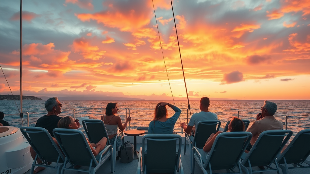 Peaceful fall sunset cruise with relaxed guests lounging on deck chairs under vivid autumn sky aboard catamaran in Cabo San Lucas