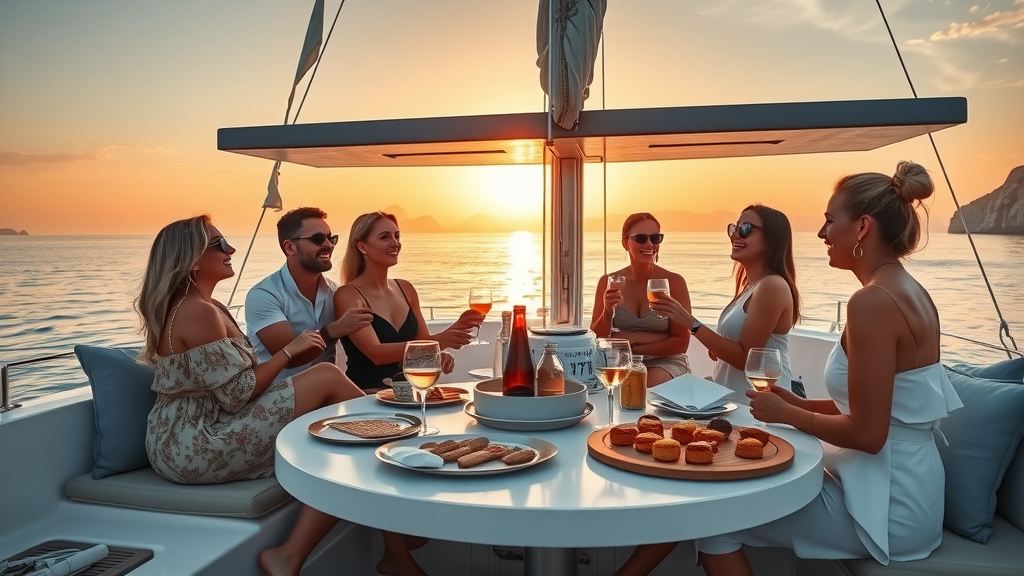 Luxurious catamaran sailing at sunset with joyful guests enjoying gourmet food and drinks on calm Cabo waters with radiant golden sky