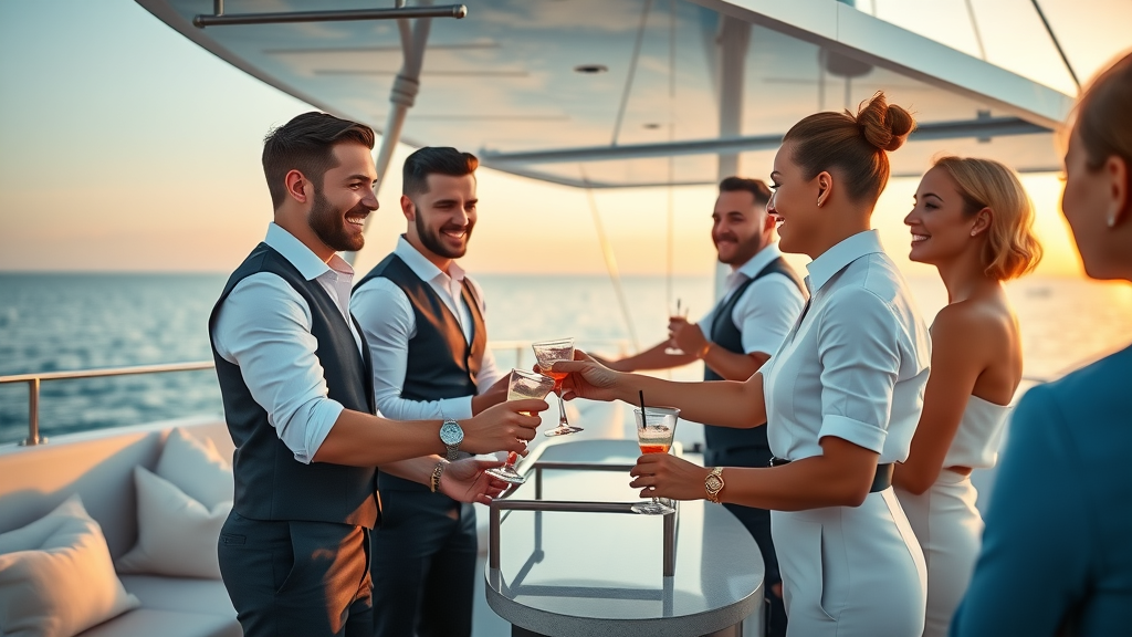 Attentive yacht crew serving drinks to well-dressed guests aboard modern catamaran overlooking the ocean with sunset lighting