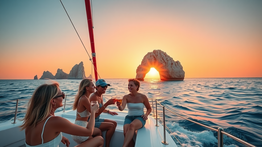 Vibrant sunset catamaran cruise sailing near Cabo San Lucas Arch with happy guests toasting drinks, glowing sunset sky