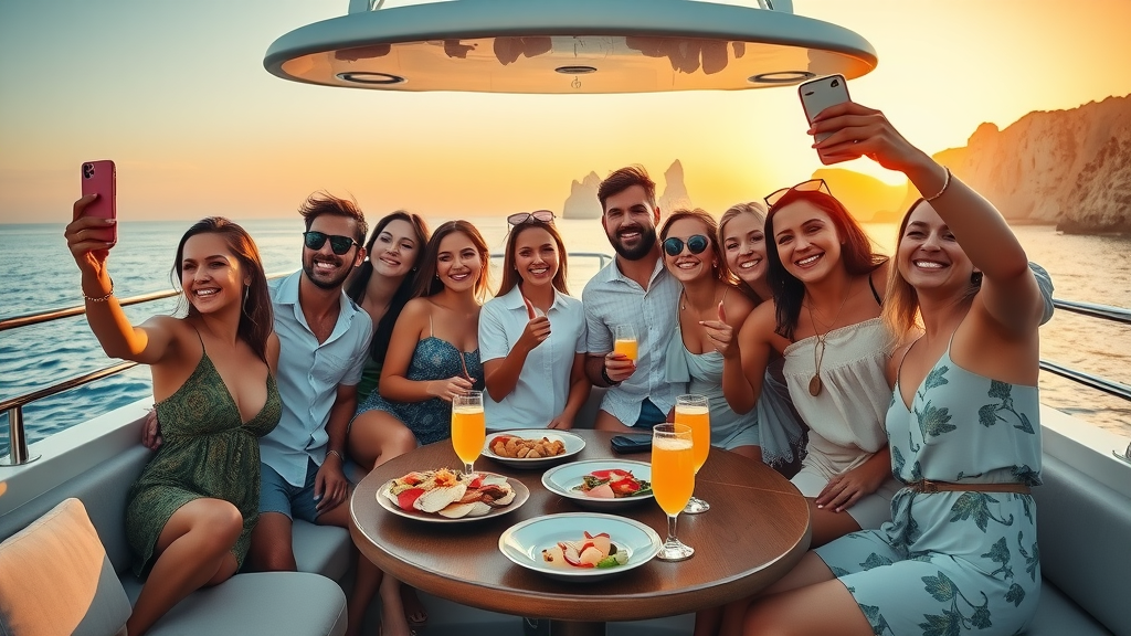 Group of friends on private yacht at sunset, enjoying drinks and snacks onboard with Cabo coastline in background