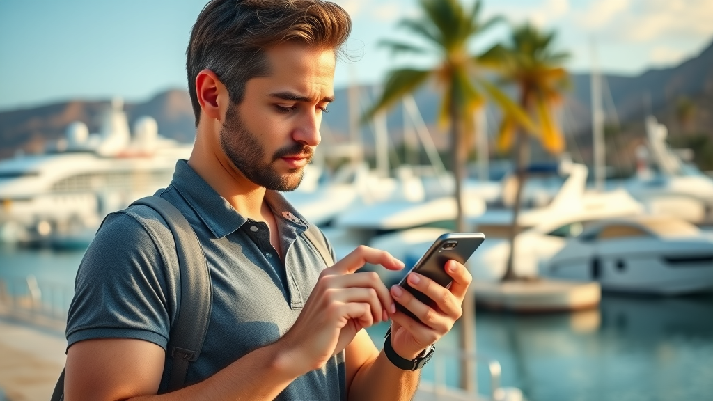 Traveler checking the weather app on smartphone before cruise at Cabo marina with cruise boats and palm trees in the background