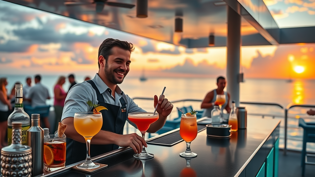 Friendly bartender serving tropical cocktails at sunset catamaran bar with guests enjoying drinks over ocean view