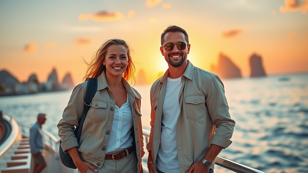 Couple on deck at sunset dressed in casual resort attire with light jackets on yacht with Cabo skyline in background