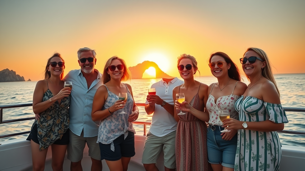 Fall sunset cruises Cabo on a modern yacht with golden hour over the Sea of Cortez and El Arco in the background