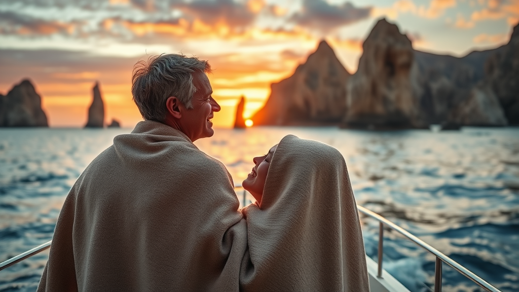 Peaceful couple enjoying a cozy fall sunset cruise in Cabo with warm orange-pink sky and calm sea near Land’s End