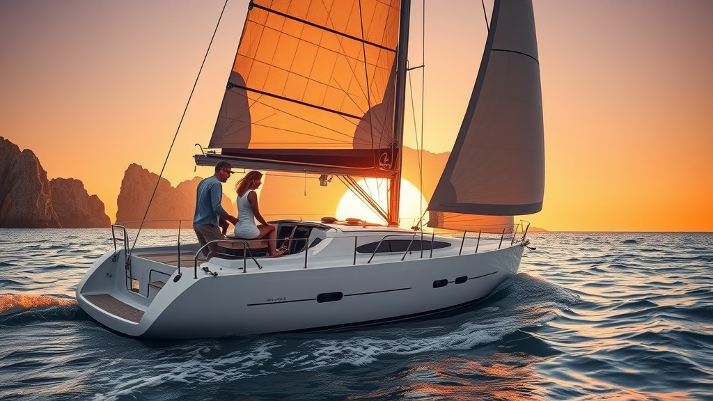 Luxury sailboat cruising past El Arco at sunset during fall sunset cruises Cabo with guests enjoying golden purple hues