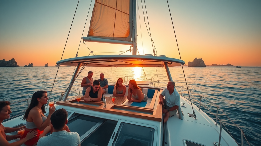 Catamaran cruising near Cabo San Lucas at sunset with passengers enjoying drinks and scenic fall sunset views