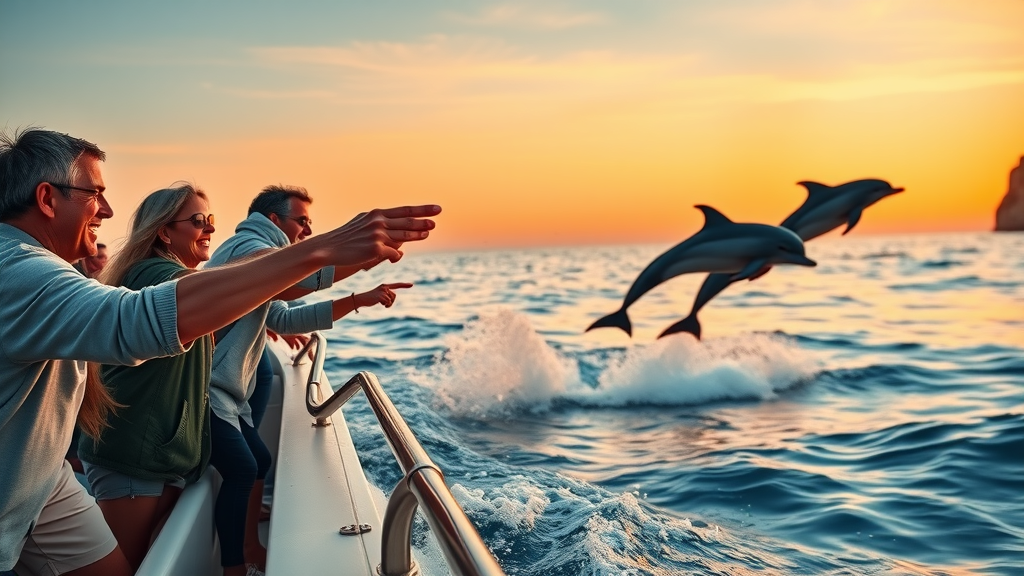 Dolphins leaping near a fall sunset cruise boat in Cabo San Lucas with excited passengers pointing and taking photos