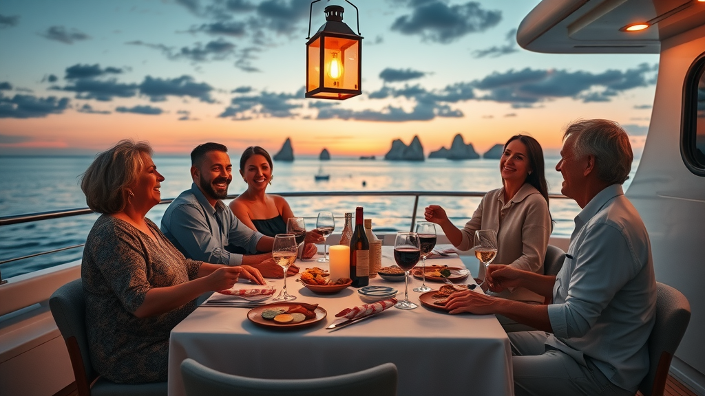 Friends enjoying gourmet appetizers and wine on a private yacht during a fall sunset cruise in Cabo San Lucas