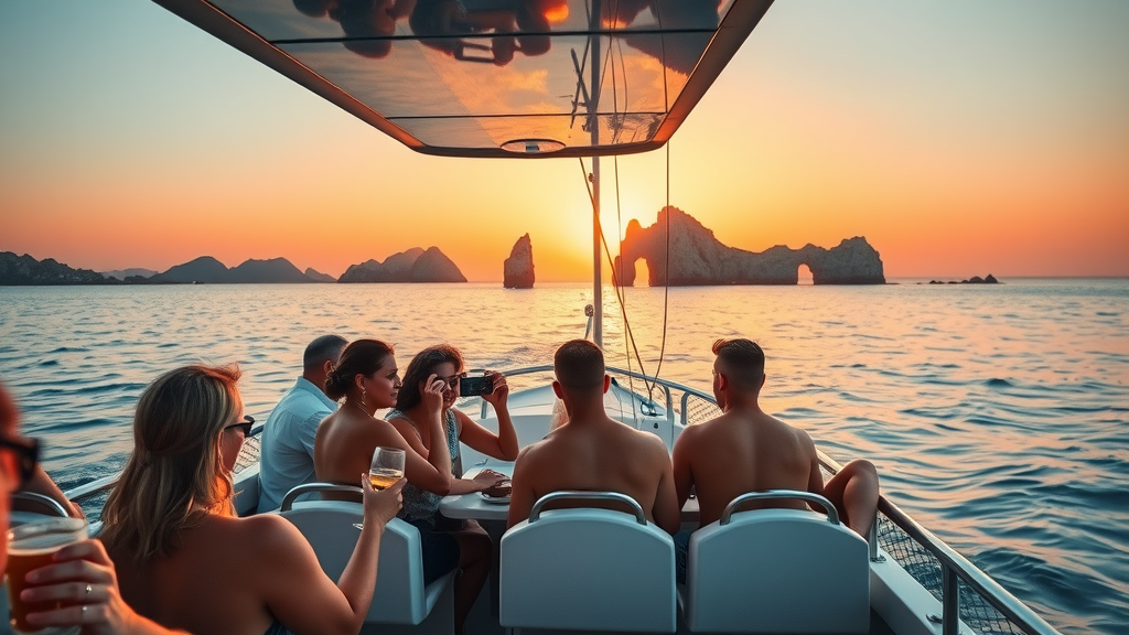 Vibrant sunset cruise boat in Cabo San Lucas with calm sea and passengers enjoying drinks and photos, El Arco visible in the background under warm golden hour lighting.