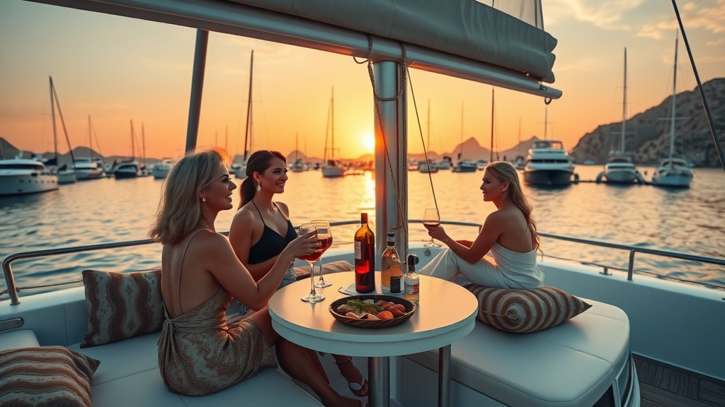 Elegant luxury catamaran sailing at sunset in Cabo San Lucas with guests enjoying gourmet food and open bar on deck under warm sunset glow.
