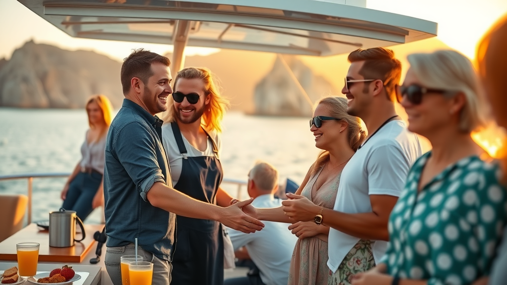 Friendly cruise staff assisting smiling tourists on a boat deck during a Cabo sunset cruise with drinks and snacks, Cabo coastline in golden sunset light.