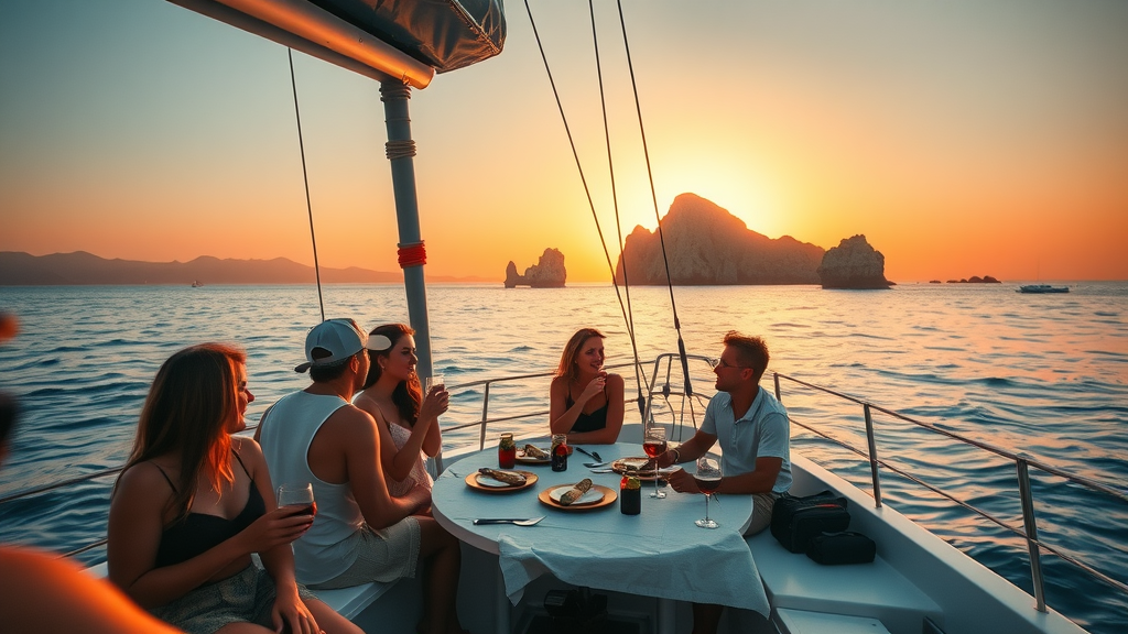 Catamaran cruising at sunset in Cabo San Lucas with guests enjoying open bar and dinner, El Arco visible in background bathed in warm golden hour light.