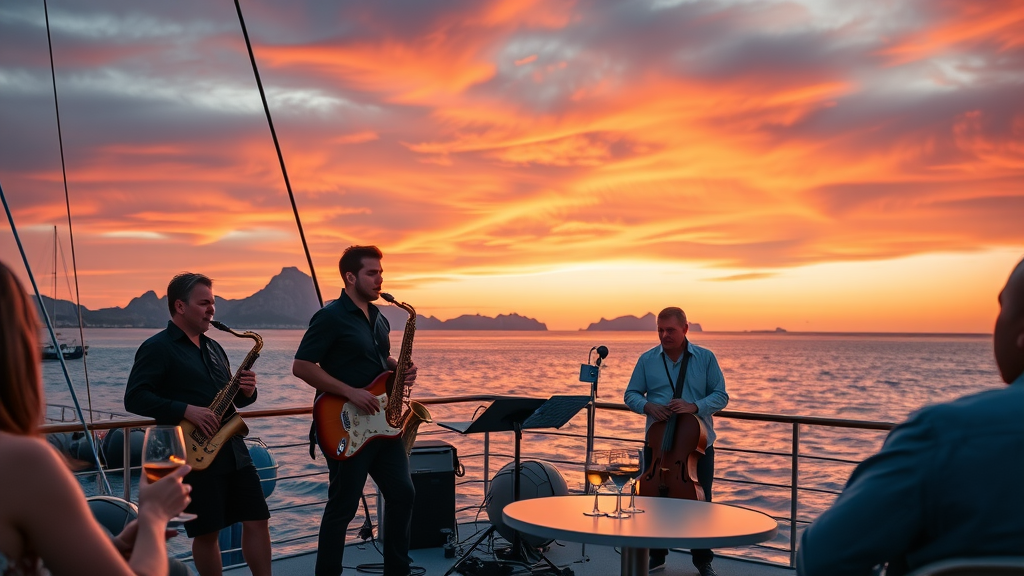 Live jazz musicians performing on catamaran deck at Cabo sunset, guests sipping wine, deep orange and purple sky over bay, relaxed ambiance.