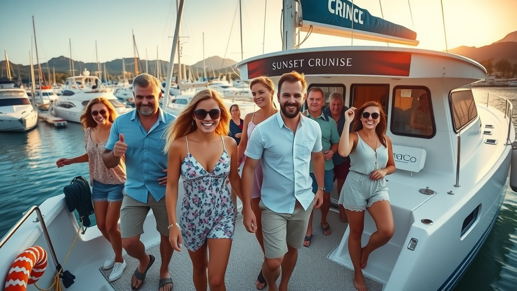 Guests boarding a sunset cruise catamaran at Cabo Marina with smiles and excitement, marina environment under soft sunset glow.