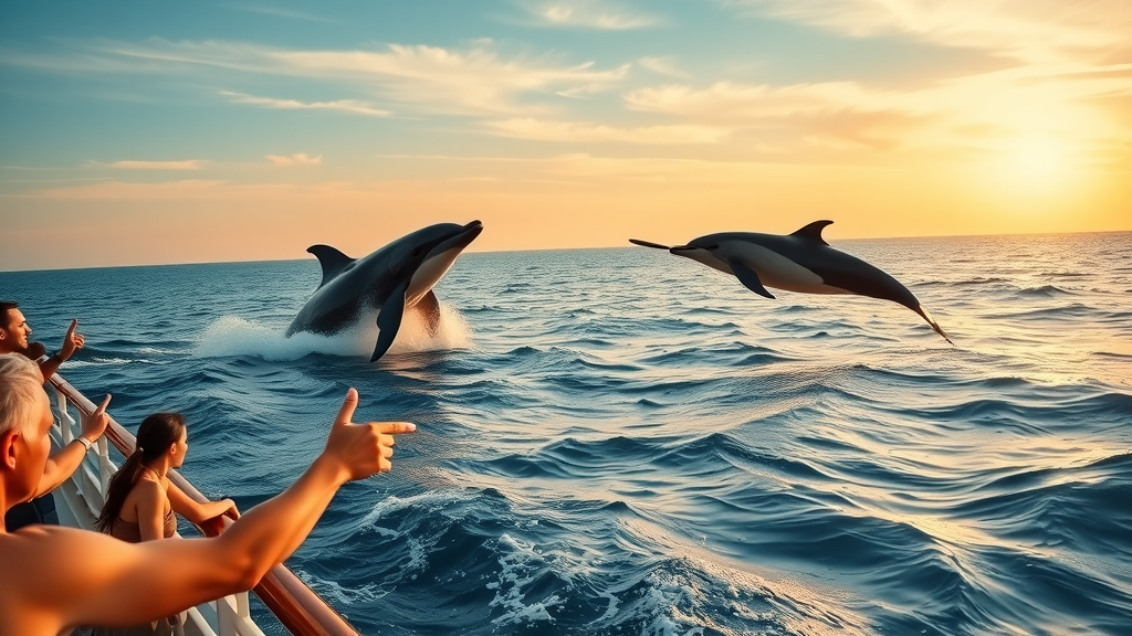 Early whales and dolphins spotted from cruise deck at sunset near Cabo San Lucas, guests excitedly pointing, ocean and golden light in background.