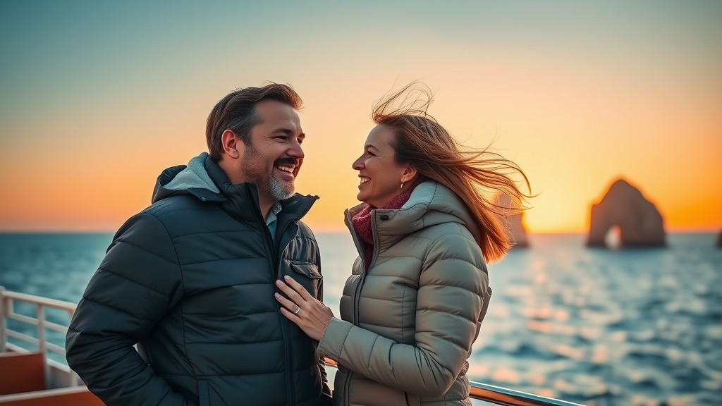 Happy couple in jackets enjoying a calm sunset cruise on deck near Cabo Arch, warm evening light with cool breeze.