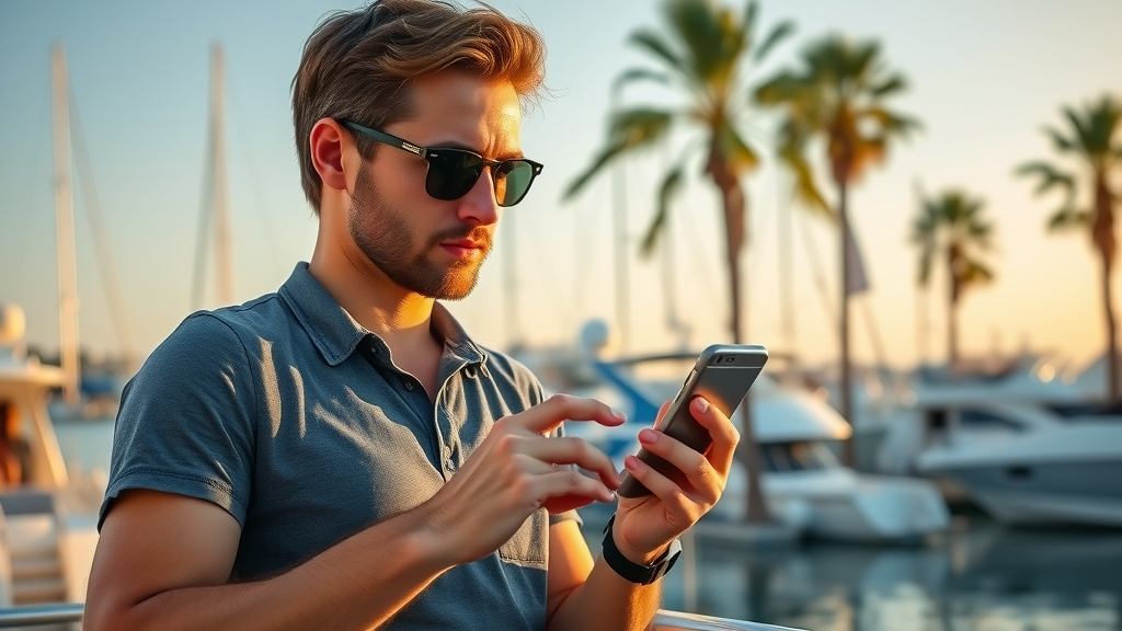 Traveler checking weather app on phone at Cabo Marina before sunset cruise to assess sea and sky conditions under pre-sunset light.