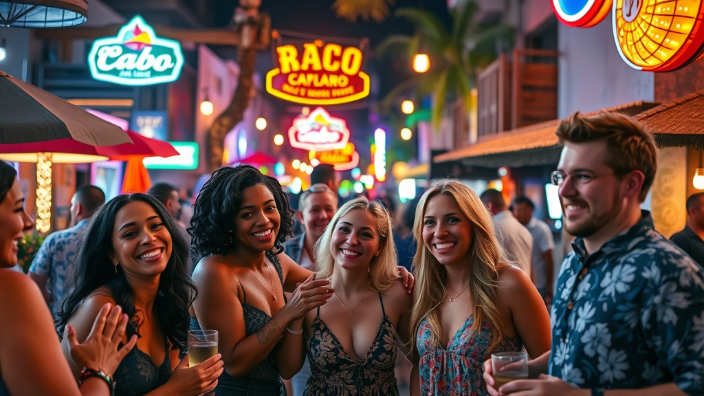 Energetic Cabo San Lucas nightlife scene with diverse group enjoying vibrant downtown bar and neon lights
