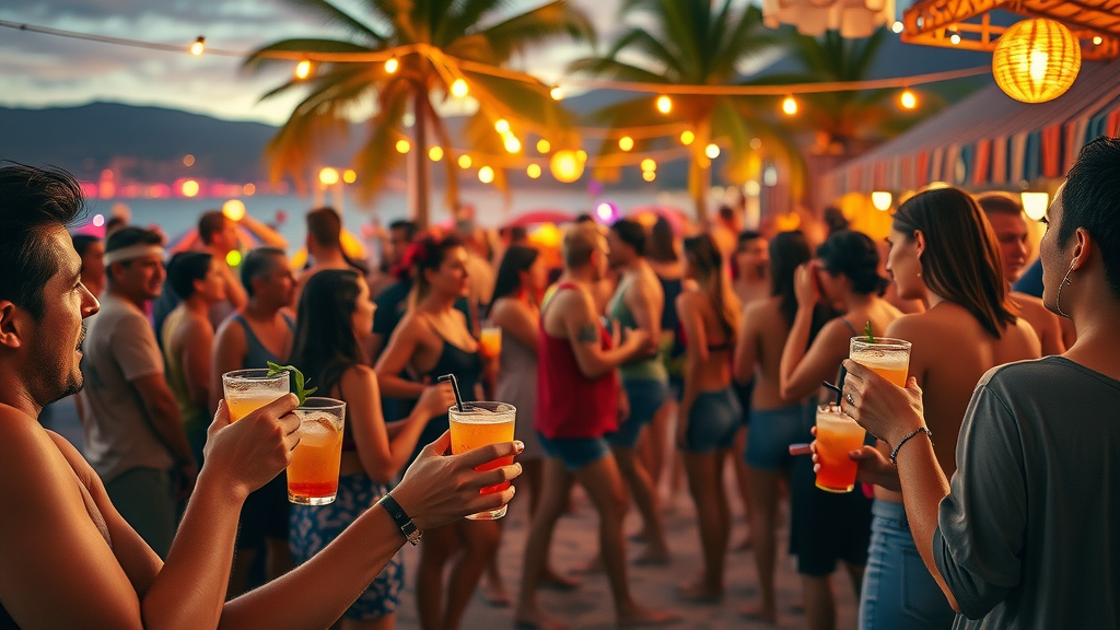 Vibrant beach bar with lively crowd enjoying tropical drinks and toes-in-the-sand atmosphere at Medano Beach