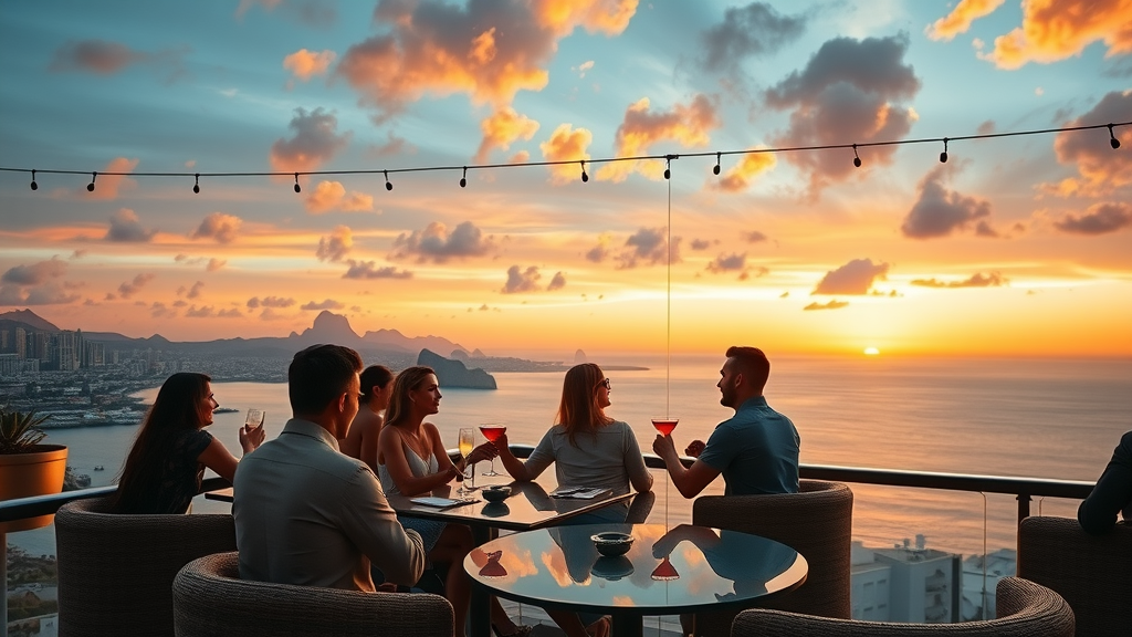 Stylish rooftop lounge with guests enjoying sunset cocktails and panoramic ocean views in Cabo San Lucas