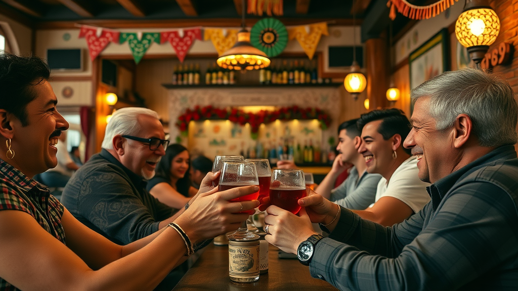 Authentic Mexican cantina with patrons enjoying tequila shots and traditional music in a lively setting