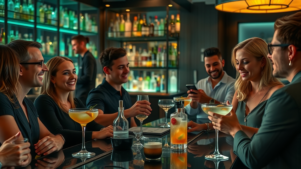 Modern cocktail lounge with skilled bartender crafting signature drinks in elegant, relaxed setting in Cabo
