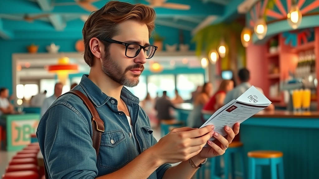 Savvy traveler thoughtfully reviewing drink prices at trendy Cabo bar to avoid overpriced drinks and tourist traps