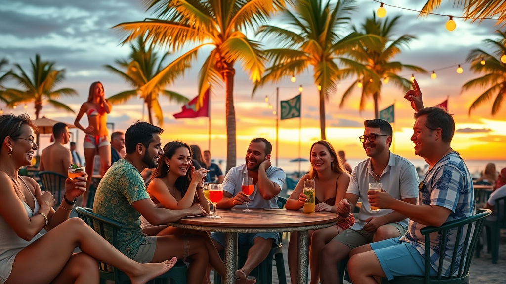 Vibrant beach bar with lively crowd enjoying tropical drinks at sunset, showcasing popular cabo nightlife trends
