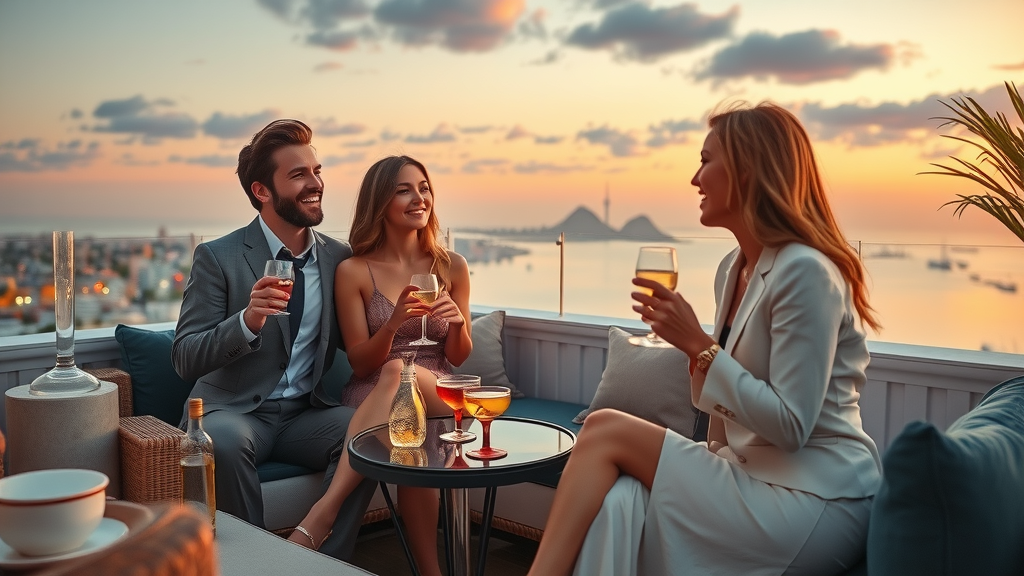 Chic rooftop lounge in Cabo, featuring stylish young adults enjoying cocktails with panoramic sunset views and upscale ambiance